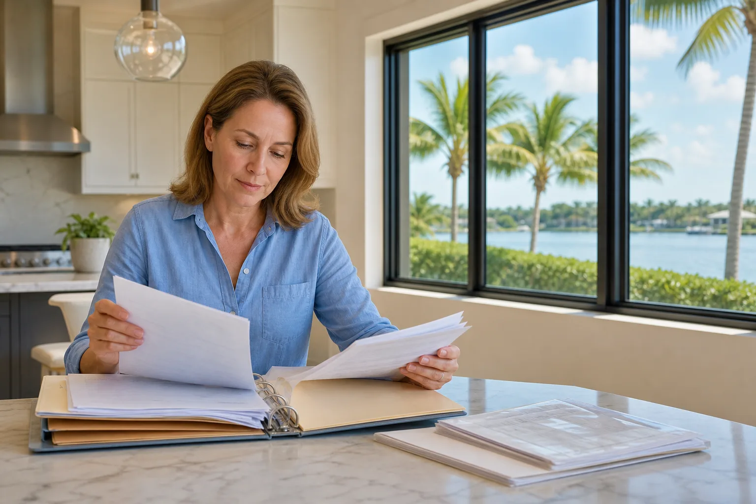 Woman in blue shirt reviews papers at marble kitchen counter with binders and folders, tropical waterfront view behind her.