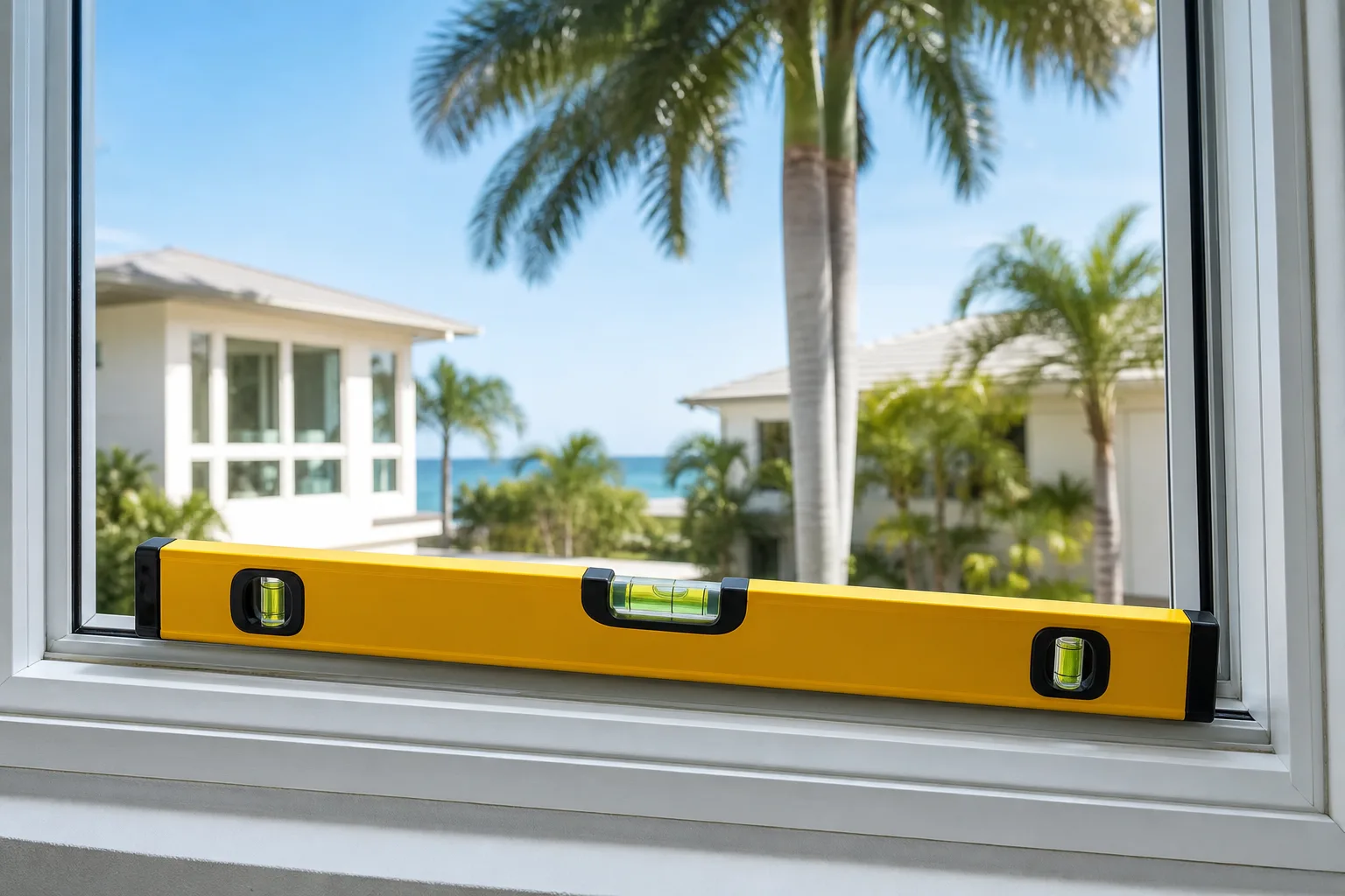 Yellow spirit level resting on a white window sill track, with tropical houses and palm trees visible through the glass.