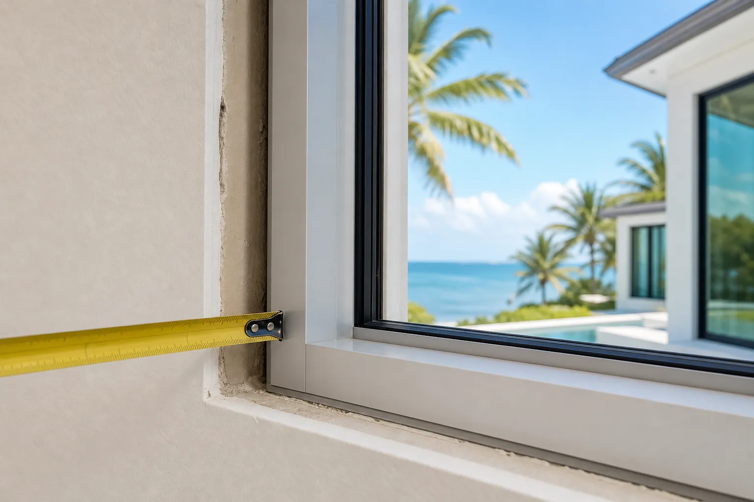 Close-up of window interior corner showing gap between aluminum frame and wall opening, with tape measure and tropical ocean view