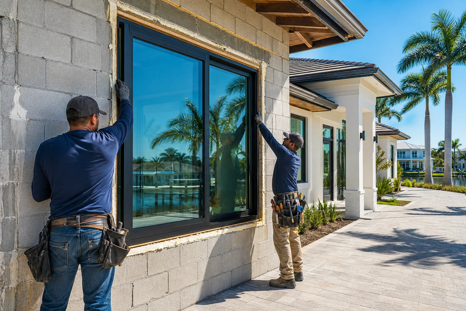 Two workers in tool belts install a large dark-framed impact window into a concrete block wall of a Florida luxury home.