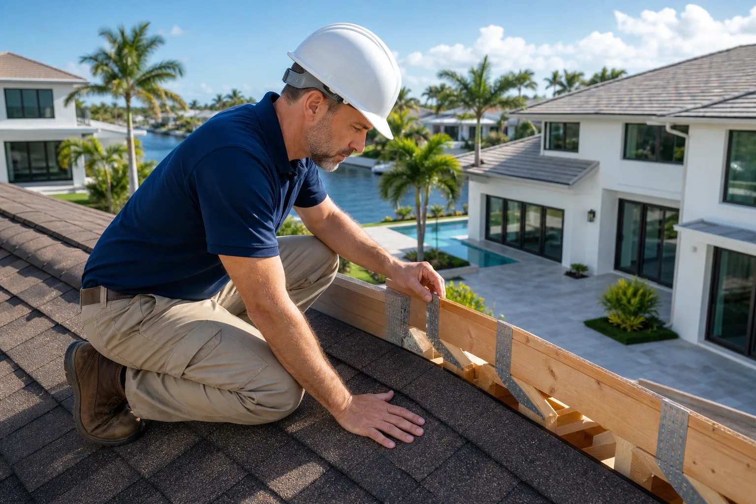 A contractor in white hard hat and navy polo kneels on asphalt shingle roof examining metal hurricane strap connectors on wood framing.