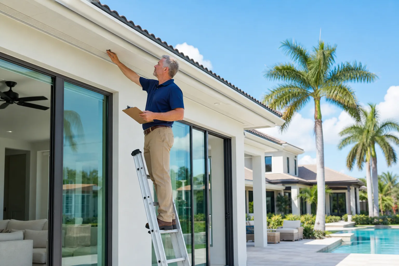 Home inspector on aluminum ladder examining roof eave of modern Florida home, holding clipboard, pool and palm trees in background.