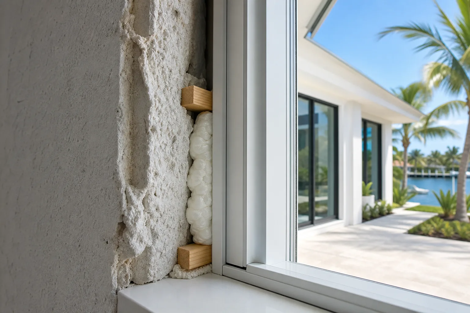 Close-up of window frame edge in stucco wall opening with wooden shims and expanding spray foam insulation filling the gap